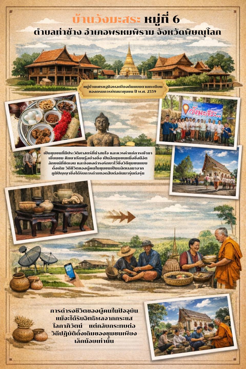 CDD พิษณุโลก : สพอ.พรหมพิราม  ✨ บ้านวังมะสระ หมู่ที่ 6 ตำบลท่าช้าง อำเภอพรหมพิราม จังหวัดพิษณุโลก เป็นชุมชนที่มีอัตลักษณ์โดดเด่นและยังคงรักษาวิถีชีวิตแบบดั้งเดิมไว้อย่างเข้มแข็ง ชาวบ้านร่วมกันสืบสานภูมิปัญญาท้องถิ่นผ่านกิจกรรมต่าง ๆ ทั้งอาหารพื้นถิ่น หัตถกรรม และประเพณีทางวัฒนธรรม บ้านวังมะสระจึงเป็นอีกหนึ่งชุมชนที่น่าสนใจและควรค่าแก่การเข้าเยี่ยมชมและเรียนรู้