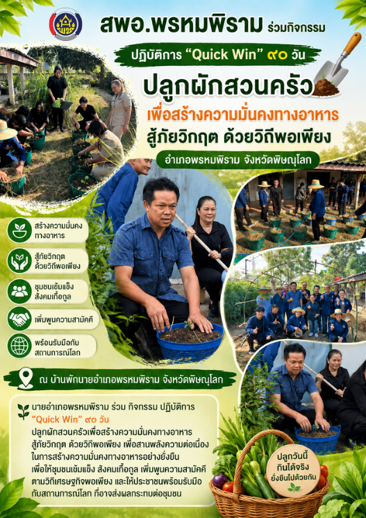📣 สพอ.พรหมพิราม ร่วมกิจกรรมปฏิบัติการ “Quick Win” ๙๐ วัน ปลูกผักสวนครัวเพื่อสร้างความมั่นคงทางอาหาร สู้ภัยวิกฤต ด้วยวิถีพอเพียง